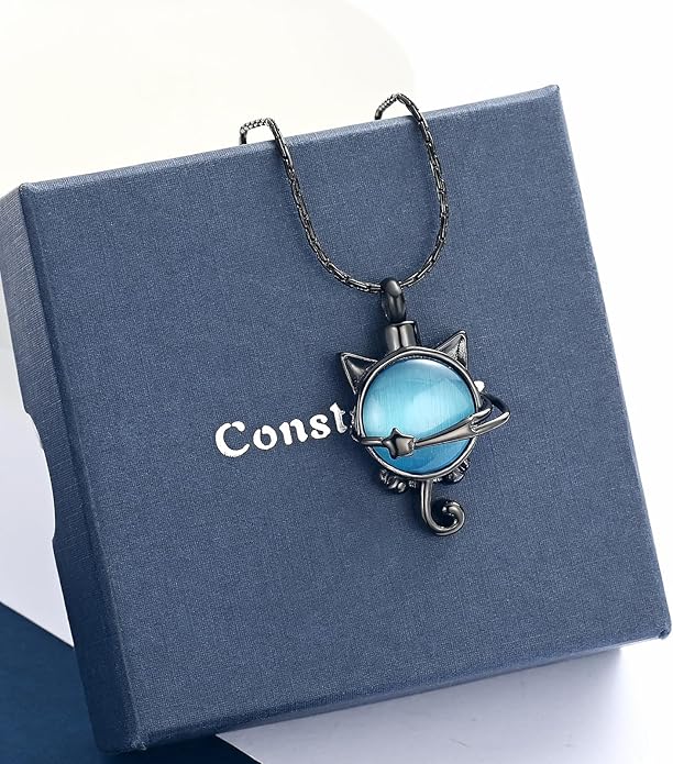 constantlife Cat Moon Urn Necklace for Women Pet Cremation Jewelry for Ashes Stainless Steel Pendant Funeral Keepsake Loved Ones Memorial Gift