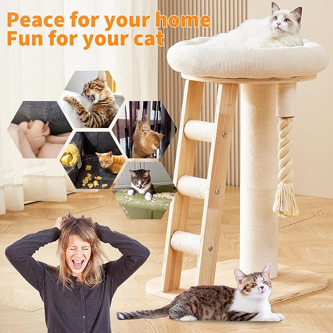 Modern Cat Tree Small Tower with Scratching Post for Indoor, Multifunctional Corner Cat Tree Tower with Bed, Cat Climbing Ladder, Dangling Ball,Interactive Rope,Scratching Post