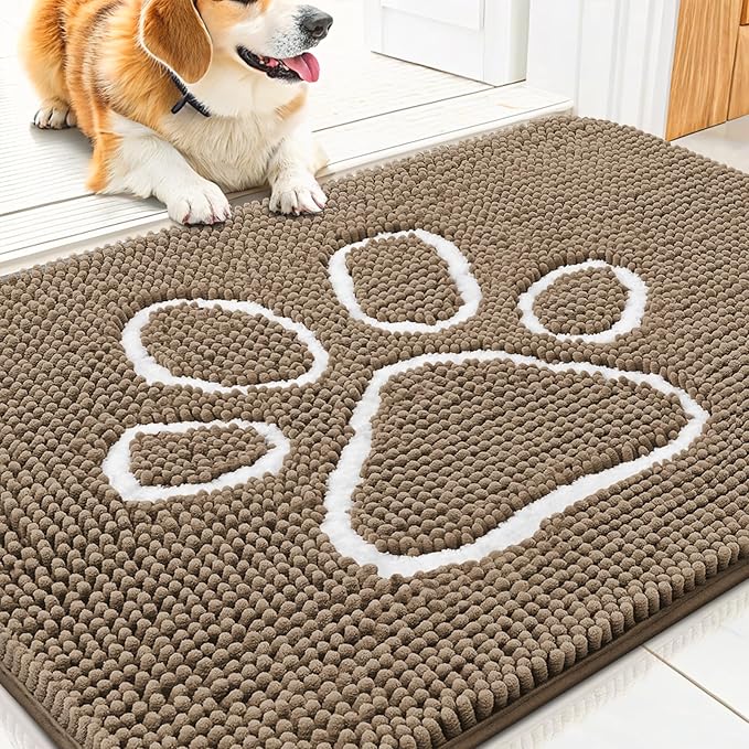 Smiry Dog Door Mat for Muddy Paws, Absorbent Dirt Trapper Non Slip Quick Dry Washable Chenille Mat for Mud Dogs, Entry Rug for Indoor and Outdoor (30x20 Inches, Camel)