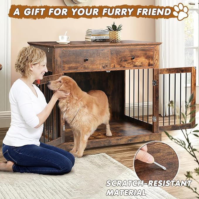 PUKAMI 44inch Dog Crate Furniture with Drawers,Wooden Dog Kennel Furniture for Large Breed,End Table Wood Dog House for Indoor use, for Small/Medium/Large Dog (Brown)