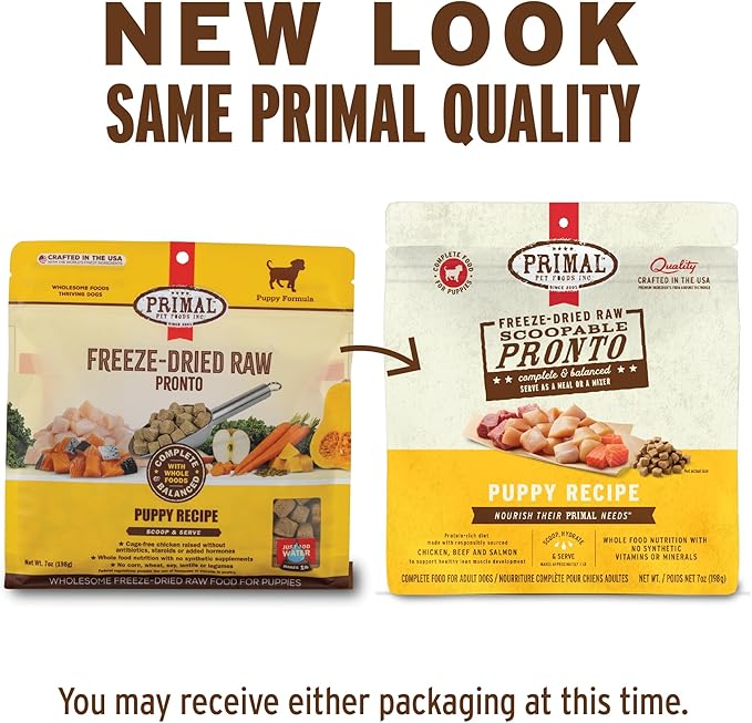 Primal Freeze Dried Puppy Dog Food, Pronto Mini Nuggets; Scoop & Serve, Complete & Balanced Meal; Also Use As Topper or Treat; Premium, Healthy, Grain Free, High Protein Raw Dog Food (16 oz)