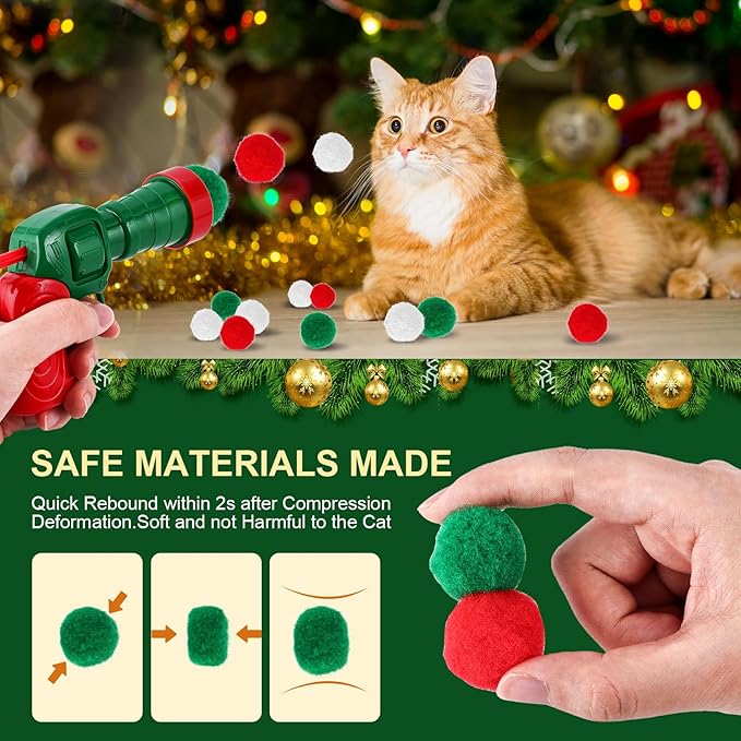Cat Toy Balls with Launchers Set (2+60), 60 Pom Pom Balls & 2 Ball Launchers, Cat Enrichment Toys, Interactive Cat Toy, Soft & Safe Cat Toys, for Cat