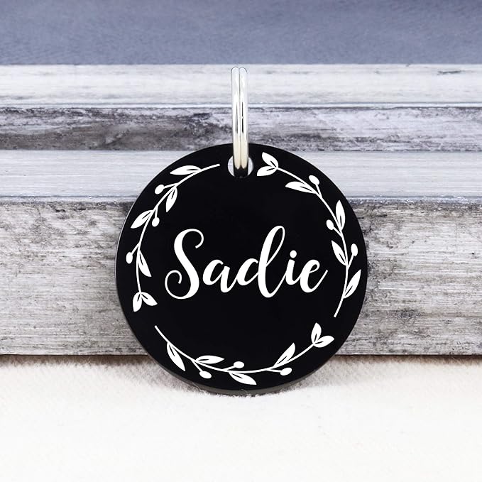 UltraJoys Stainless Steel Pet ID Tag Dog Name Tags Personalized Front and Back Engraving, Customized Dog Tags and Cat Tags, Optional Engraved on Both Sides, Round Tag with Vine Design, Small Black