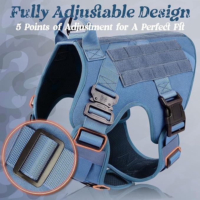 rabbitgoo Tactical Dog Harness Medium Sized, Heavy Duty Pet Harness with Handle, No-Pull Service Vest Medium Breed, Adjustable Military Dog Vest for Training Hunting Walking, Blue, M