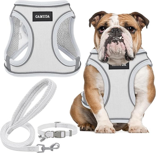 GAMUDA Small Pet Harness Collar and Leash Set, Step in No Chock No Pull Linen Fabric Soft Mesh Dog Vest Harnesses Reflective for Dogs Puppy Cats Kitten Rabbit (White, L)