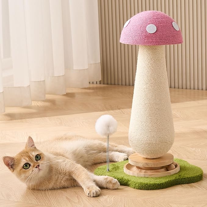 21.5‘’ H Cat Scratching Post with Catnip,Cute Mushroom Cat Scratcher Post with Durable Natural Solid Wood Turntable Toy,Baby Pink Mushroom Shape Design Cat Toy Cat Sisal Scratcher for Indoor Cats