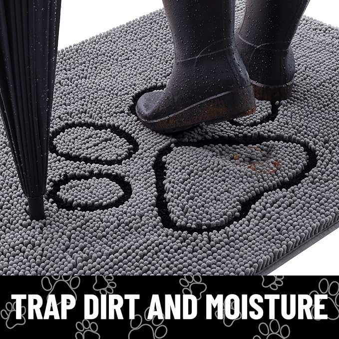 Smiry Dog Door Mat for Muddy Paws, Absorbent Dirt Trapper Non Slip Quick Dry Washable Chenille Mat for Mud Dogs, Entry Rug for Indoor and Outdoor (36x24 Inches, Dark Grey and Black)