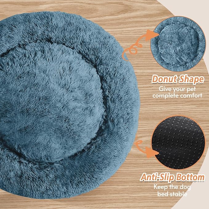 JOLLYVOGUE Calming Dog & Cat Bed for Small Dogs, Anti-Anxiety Donut Cuddler Cozy Soft Round Bed with Anti-Slip Bottom, Fluffy Faux Fur Plush Cushion Beds for Small Medium Pets (20")