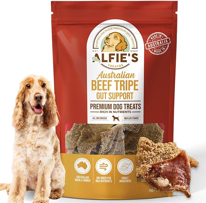 ALFIE'S TREATOS Beef Tripe for Dogs (2.65 oz), Air-Dried Dog Treats for Gut Support, Nutrient Rich Chew & Food Topper, Single Ingredient, Australian Beef, Freeze-Dried Alternative