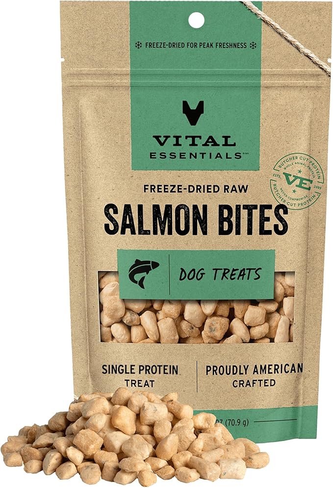Vital Essentials Salmon Bites Dog Treats, 2.5 oz | Freeze-Dried Raw | Single Protein | Premium Quality High Protein Training Treats | Grain Free, Gluten Free, Filler Free