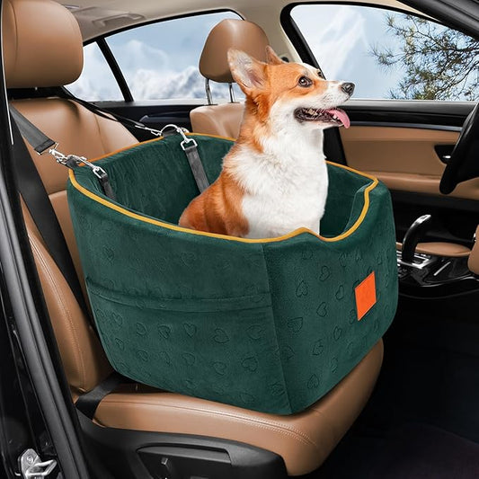 Dog Car Seat for Small Dogs, Memory Foam Booster Dog Seat for Dogs up to 35 lbs, Elevated Pet Car Seat, Travel Safety Pet Seat with Washable Removable Cover, Storage Pockets (Green)