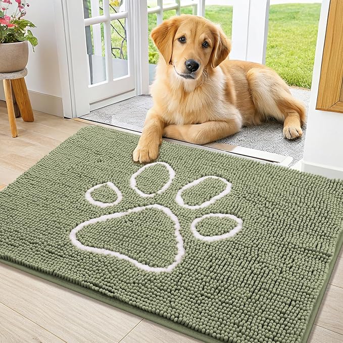Smiry Dog Door Mat for Muddy Paws, Absorbent Dirt Trapper Non Slip Quick Dry Washable Chenille Mat for Mud Dogs, Entry Rug for Indoor and Outdoor (36x24 Inches, Sage Green)