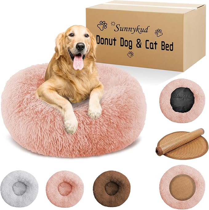 Calming Donut Dog Bed Medium Size Removable Cover + 2 PCS Cooling Rattan Pet Mat, Fluffy Comfort Anti-Anxiety Washable Round Pets Bed with Double-Sided Cool Pad for Medium Dogs/Cat, 31" Pink