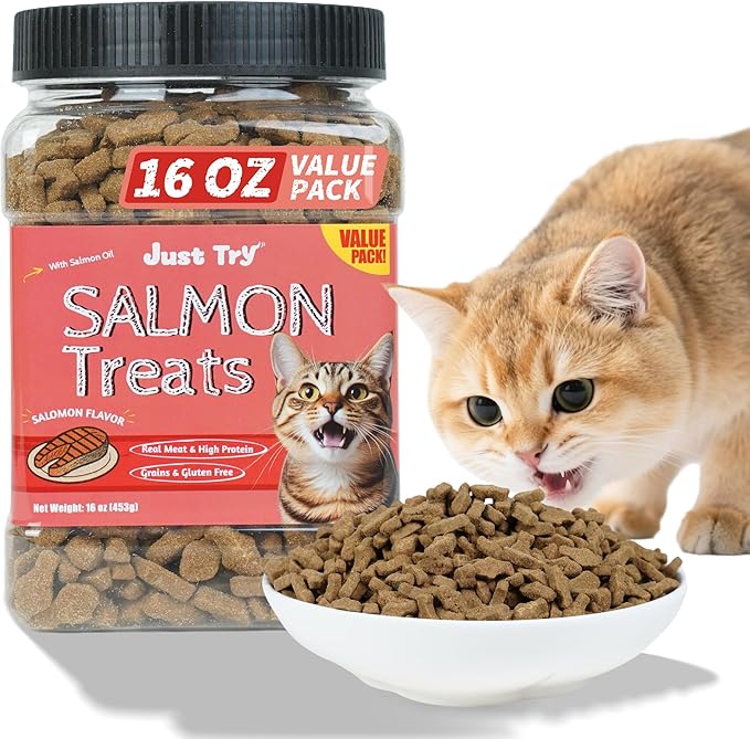 Just Try 16 OZ Salmon Cat Treats for Indoor Cats, Crunchy Training Treats Dental Care Omega 3 for Cats Joint Support & Skin Coat Health
