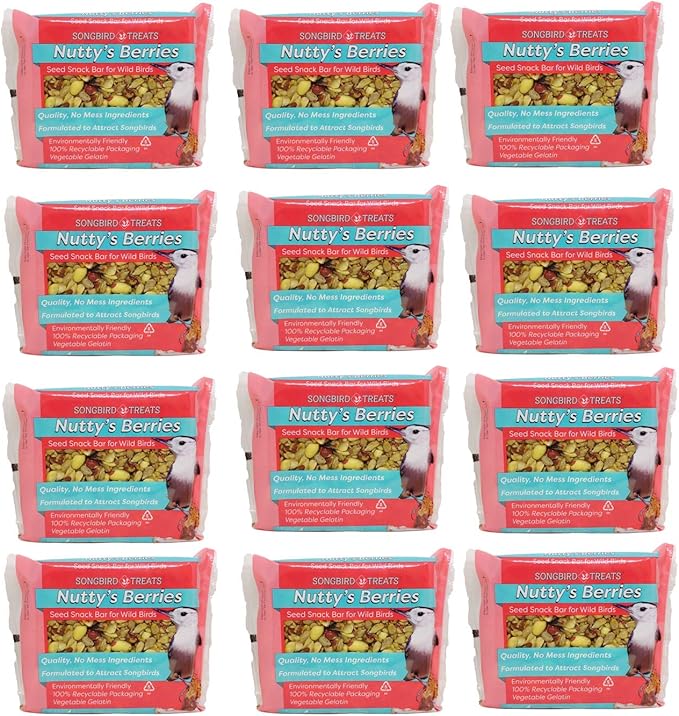 Songbird Treats Seed Bars | 12 Pack of 8 oz Bird Seed Cakes for Wild Birds (Nutty's Berries)