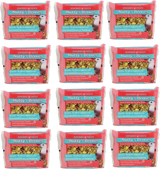 Songbird Treats Seed Bars | 12 Pack of 8 oz Bird Seed Cakes for Wild Birds (Nutty's Berries)