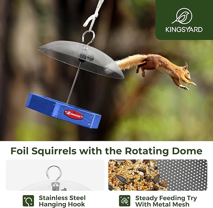 Kingsyard Large Platform Bird Feeder Outdoor Hanging, Adjustable Dome Squirrel Proof Rain Cover, Metal Mesh Tray Recycled Plastic Wild Bird Seed Feeding Station, Blue