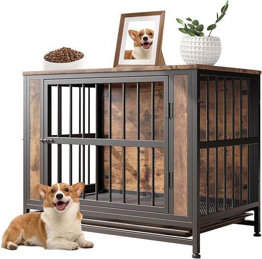 Rustic Medium Dog Cage Furniture, Brown Wooden Dog Crate Kennel Furniture, Decorative Dog House Indoor End Table for Small Medium Dog