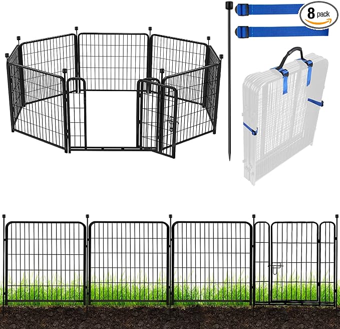 ADAVIN Tall Garden Fence with Gate, 40 in(H) 8 Panels Animal Barrier Fence, Heavy Duty Iron Metal Fence and Border, Indoor or Outdoor Dog Playpen, Flower Bed Fencing, Total 17.7 FT(L),Black