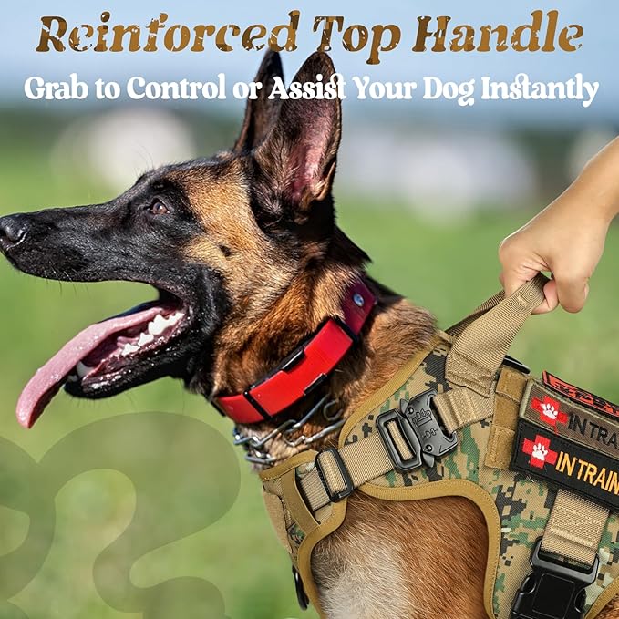 rabbitgoo Tactical Dog Harness for Large, Heavy Duty Pet Harness with Handle, No-Pull Service Vest Large Breed, Adjustable Military Dog Vest for Training Hunting Walking, Brown Camo, L