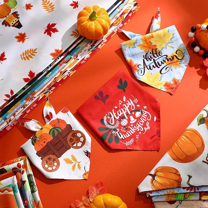 Sanwuta 120 Pcs Fall Dog Bandanas Bulk Pumpkin Maple Leaves Scarfs Autumn Thanksgiving Dog Pet Bibs Adjustable Triangle Kerchief Costume Accessories for Small Medium Large Pets Grooming Supplies
