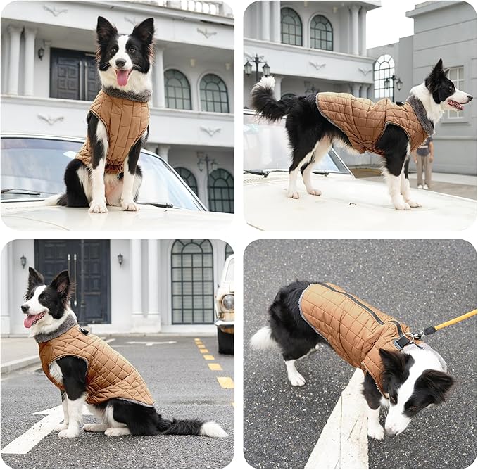 Warm Fleece Dog Coats with Durable Harness Buitl in D-Ring,Waterproof Puppy Jacket for Small Dogs,Dog Vest for Cold Winter,Burnished Khaki M