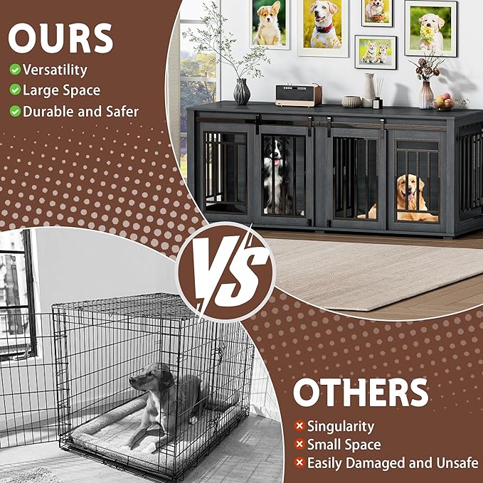 Large Dog Crate Furniture for 2 Dogs, Upgrade 71" Pro XXL Sliding Door Heavy Duty Dog Kennel Furniture with Divider, Steel Frame Indoor Double Dog Crate for Large Medium Small Dogs, Dark Black
