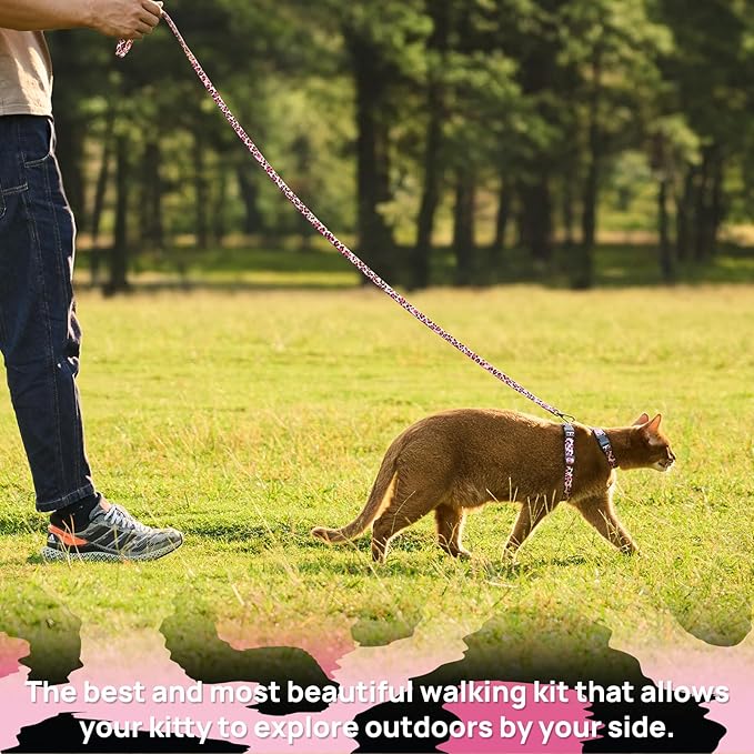 Cat Harness and Leash Set - Escape Proof Adjustable Cat Harness, Comfortable Soft Lightweight, Use Safe & Easy, Walking Travel Kitten Harness for Small Medium Large Cats (Pink)