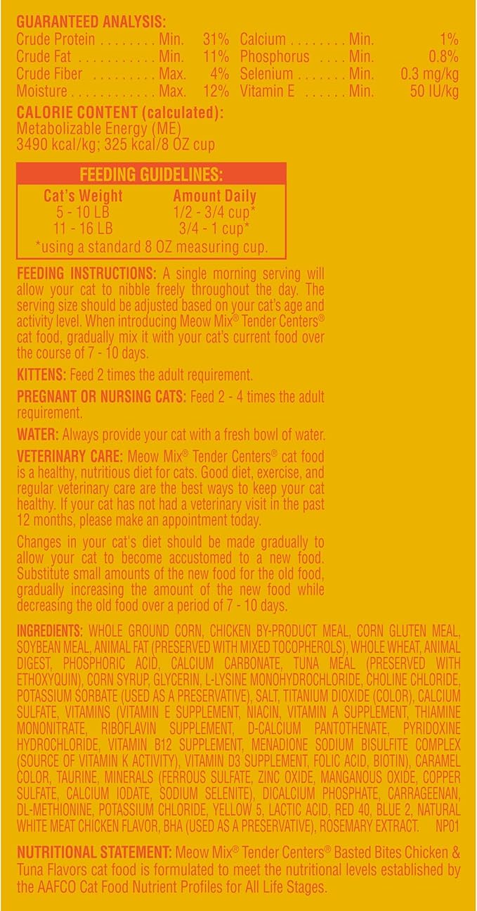 Meow Mix Tender Centers Basted Bites Dry Cat Food, Chicken & Tuna Flavor, 3 Pound (Pack of 4) + Tender Favorites Wet Cat Food Surf 'N Turf Variety Pack, 2.75 Ounce (Pack of 48) Bundle