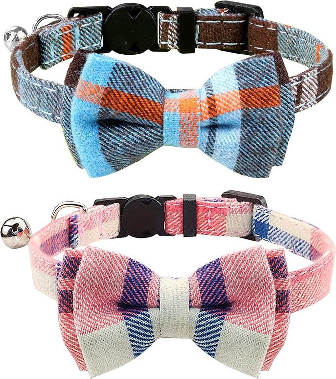 Joytale Upgraded Cat Collar with Bells, Breakaway Cat Collars with Bow Tie, 2 Pack Girl Boy Safety Plaid Kitten Collars, Haze Blue+Pink
