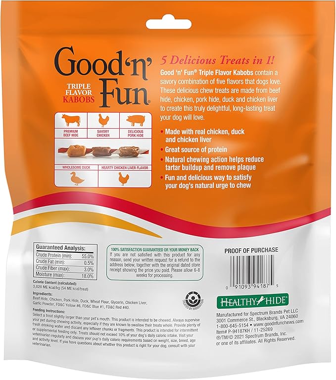 Good'n'Fun Triple Flavored Rawhide Kabobs for Dogs, 24 oz, 36 Count, 2 Pack