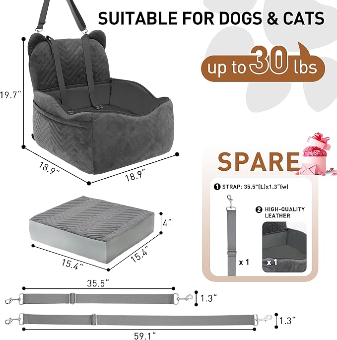 Dog Car Seat for Small Medium Dog up to 30 lbs with Waterproof PU Cover Pet Car Booster Seat with Memory Foam for Travel, Grey, 2 Safety Belt