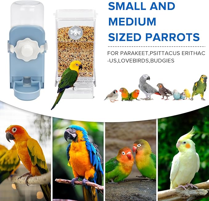No Mess Bird Feeder Water Dispenser Set, Parakeet Cage Accessories, Bird Feeder and Waterers in Cage for Cockatiels, Finches, Lovebirds, Budgies, Canaries