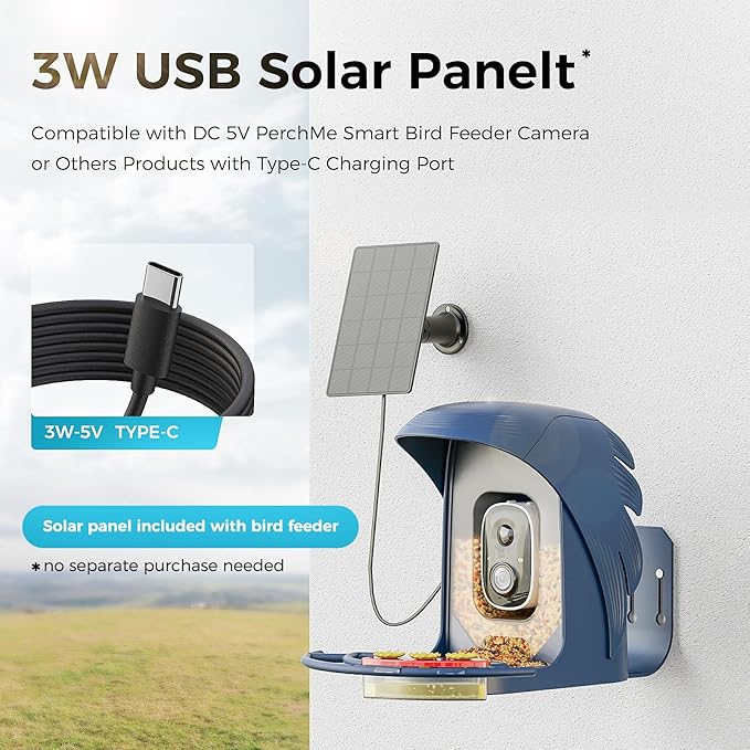 3W Solar Panels for Bird Feeder Camera only, USB-C Port Outdoor Rechargeable Battery, IP65 Waterproof, 360° Swivel Bracket-Black