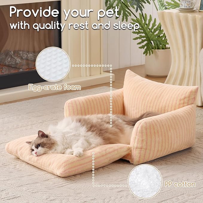 Hollypet Cat Bed Fluffy Plush Mutifuctional Double-Layer Soft Pet Couch Orthopedic Sofa Nest Beds for Small Cats and Dogs, Pink Stripes (25x20x13 inch)