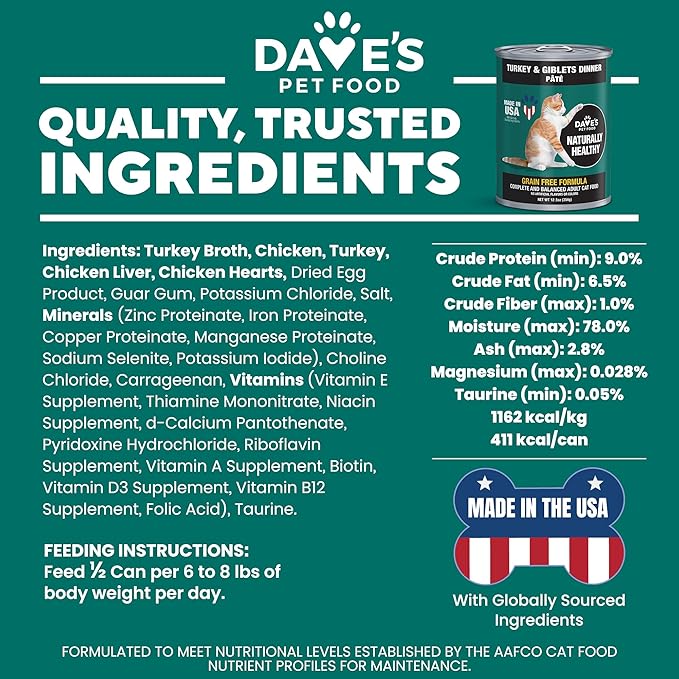 Dave's Pet Food Grain Free Canned Cat Food (Turkey & Giblets Pate), Made in USA Naturally Healthy Canned, Canned Pate, 12.5 oz Cans (12 Pack)