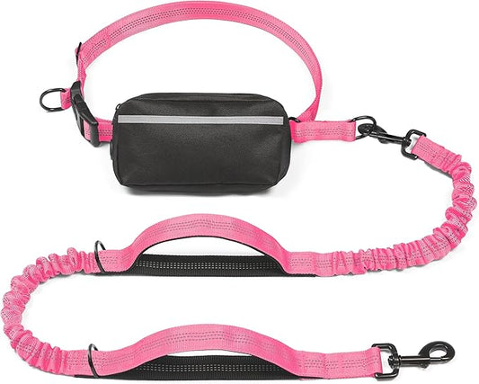 iYoShop Hands Free Dog Leash with Zipper Pouch, Dual Padded Handles and Durable Bungee for Walking, Jogging and Running Your Dog (Large, 25-120 lbs, Pink)
