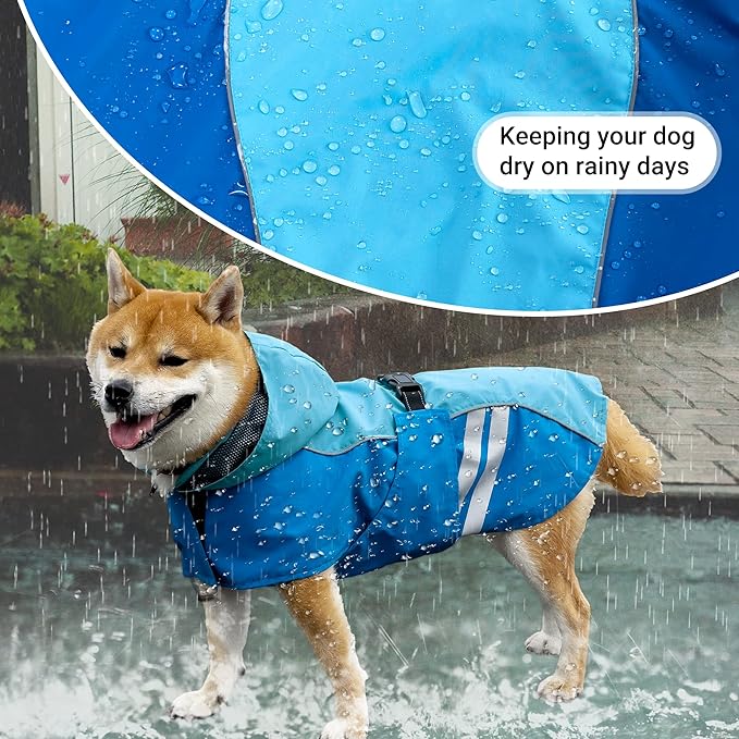 Dog Raincoat for Medium Large Extra Large Dogs, Waterproof Rain Jacket with Reflective Strap, Lightweight Hoodies Full-Body Coverage Dry Clothes (XL, Blue)