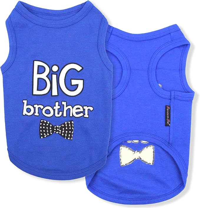 Parisian Pet Dog T-Shirt with Embroidered ' Big Brother ' Words - 100% Cotton, Big Brother Dog Shirt - Sleeveless Pet Vest - Machine Washable Blue Shirts for Small Dogs, XS