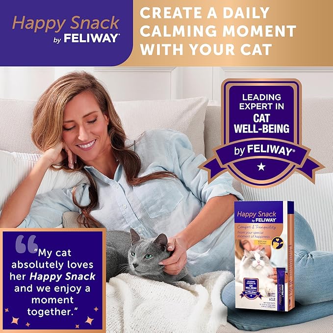 Feliway Happy Snack, Delicious, Lickable, Squeezable Purée Cat Treats for a Daily Calming Routine, Made with Real Chicken, 12 Pack (0.5oz Tubes)