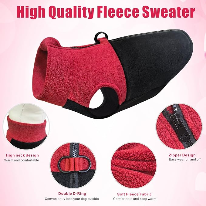 Idepet Dog Fleece Vest Sweater Zip Up Warm Pullover Dogs Jacket with D-Ring Leash Winter Cold Weater Coat Pet Sweatershirt Clothes Hoodie for Small Medium Dogs Boy Girl (Red/Black, XXS)