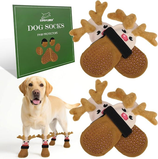 EXPAWLORER Christmas Anti Slip Dog Socks to Prevent Licking Paws, Boots & Paw Protectors with Grippers,Doggie Booties for Hardwood Floors for Small Medium Large Senior Dogs Lifelike Costume Reindeer L