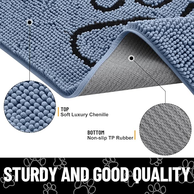 Smiry Dog Door Mat for Muddy Paws, Absorbent Dirt Trapper Non Slip Quick Dry Washable Chenille Mat for Mud Dogs, Entry Rug for Indoor and Outdoor (40x32 Inches, Airy Blue and Black)