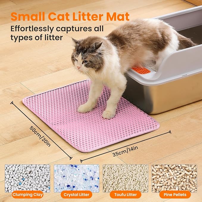 Small Cat Litter Mat, 20x14’’ Double Layer Honeycomb Cat Litter Box Mat, Non Slip Waterproof Urine Proof Litter Trapping Mat for Floor, Kitty Litter Pad, Indoor Pet Supplies, Pink