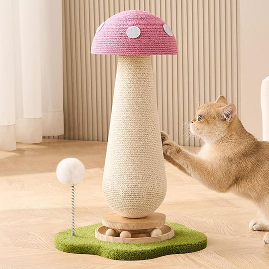 21.5‘’ H Cat Scratching Post with Catnip,Cute Mushroom Cat Scratcher Post with Durable Natural Solid Wood Turntable Toy,Baby Pink Mushroom Shape Design Cat Toy Cat Sisal Scratcher for Indoor Cats