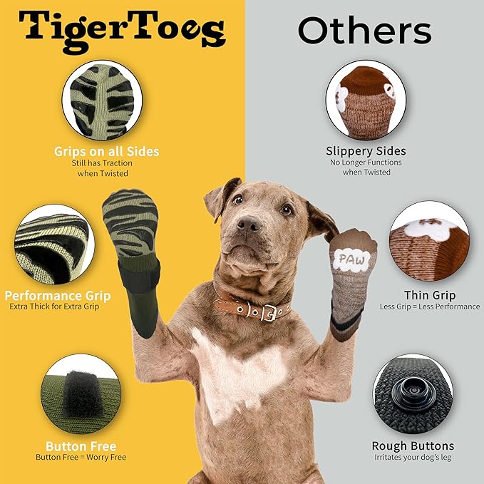 DOK TigerToes Premium Non-Slip Dog Socks for Hardwood Floors - Extra-Thick Grip That Works Even When Twisted - Prevents Licking, Slipping, and Great for Dog Paw Protection (Forest Green, X-Small)