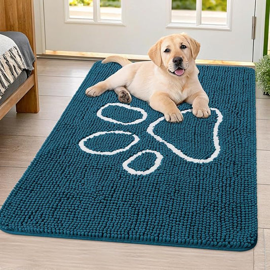 Smiry Dog Door Mat for Muddy Paws, Absorbent Dirt Trapper Non Slip Quick Dry Washable Chenille Mat for Mud Dogs, Entry Rug for Indoor and Outdoor (40x32 Inches, Atlantic Blue)