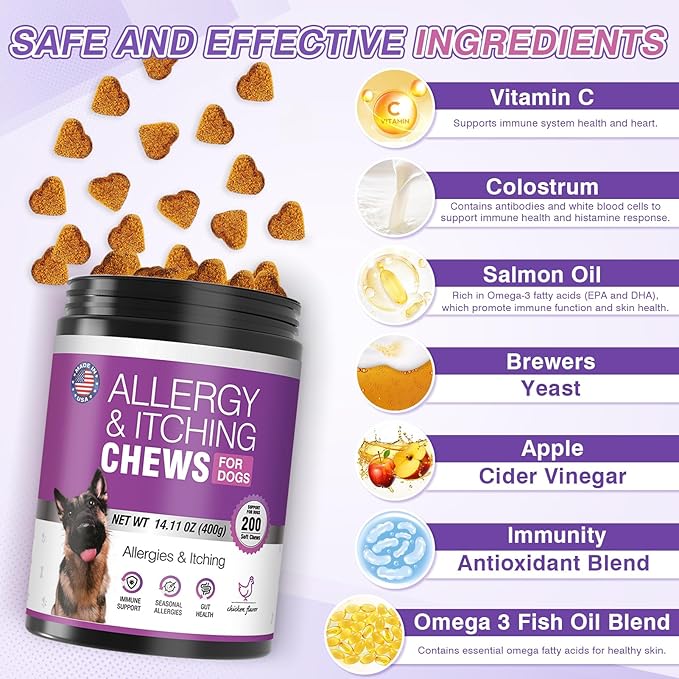 Dog Allergy Chews 200ct - Dog Allergy and Itching Skin Relief Anti Itch Aller Immune Bites for Dogs licking Itching Paws Treatment Itchy Relief Chew Probiotics Vitamins for Skin and Coat Allergies