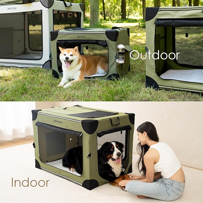 EHEYCIGA Collapsible Dog Crate 30 Inches, Portable Travel Crate for Medium Dogs, Soft Foldable Pet Kennel with 4-Door Mesh Windows Indoor & Outdoor, Green