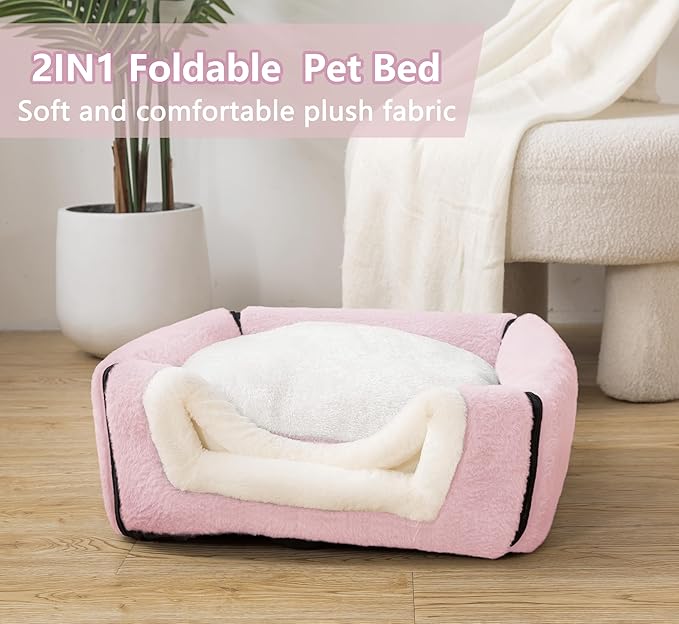 Cat Bed for Indoor Cats，Foldable cat cave，Anti-Slip & Water-Resistant Bottom，cat Houses for Indoor Cats or Small Dogs, Kitten Tent, Rabbit Bed，2 in 1 pet Bed (Pink)